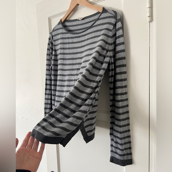 Eileen Fisher grey gray striped long sleeve organic cotton knit top tee sweater - Picture 2 of 10